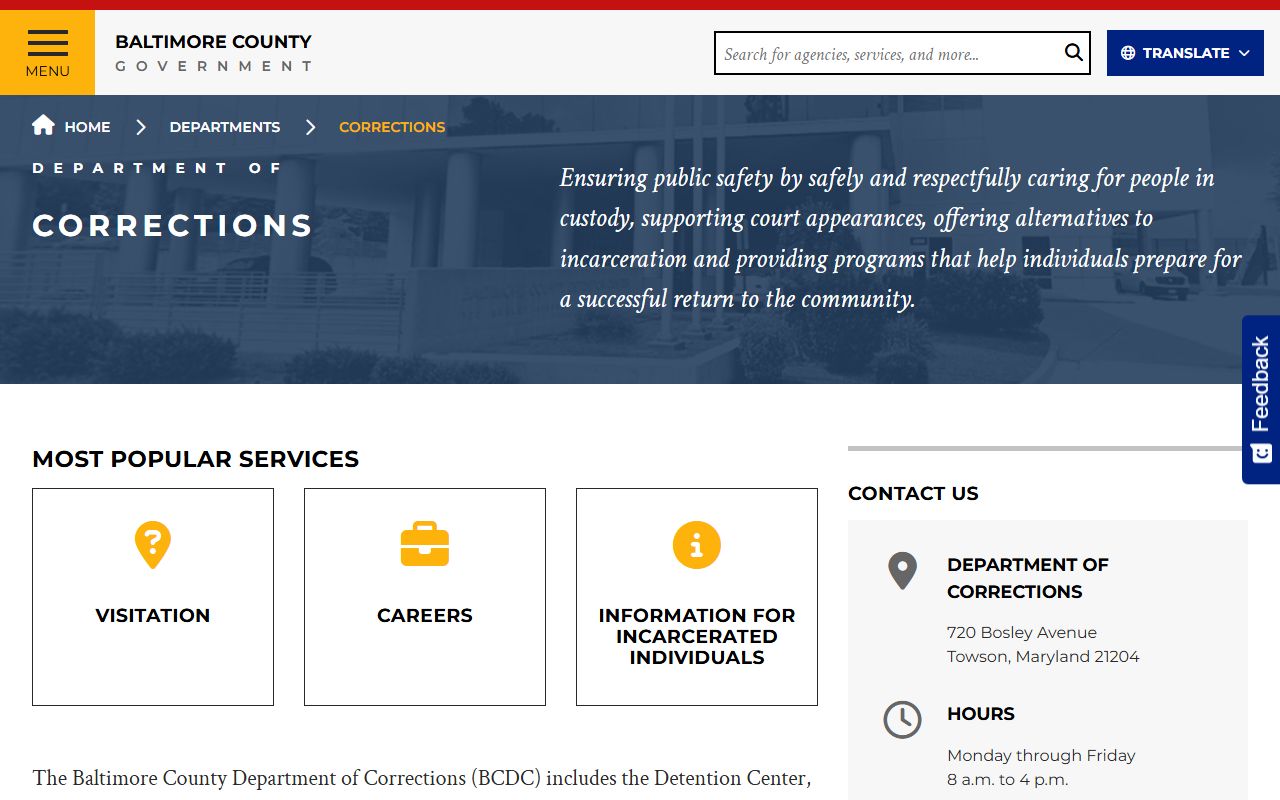 Baltimore County Corrections department page for Towson jail roster