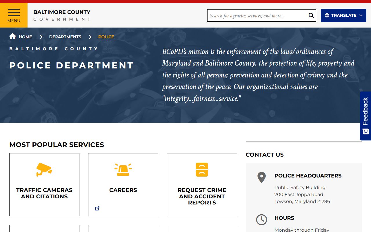 Baltimore County Police Department page for Towson jail roster