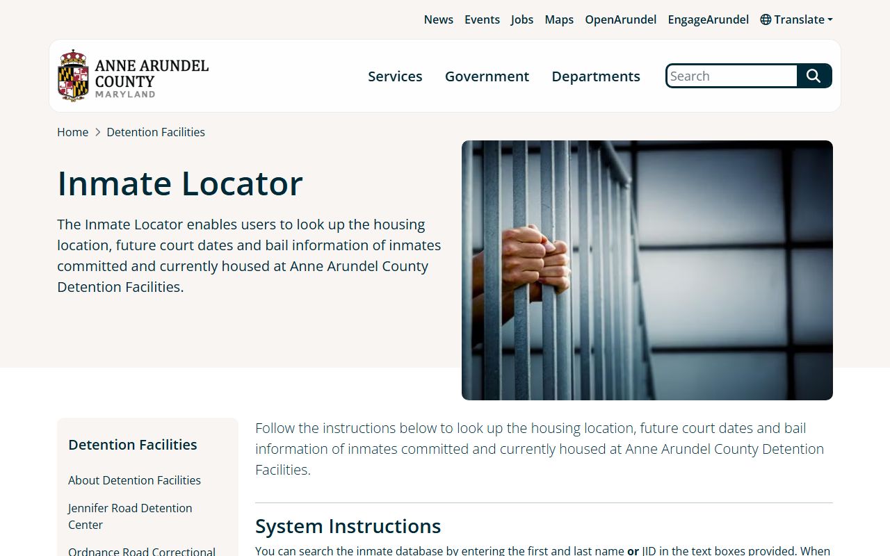 Anne Arundel County jail roster inmate locator search page