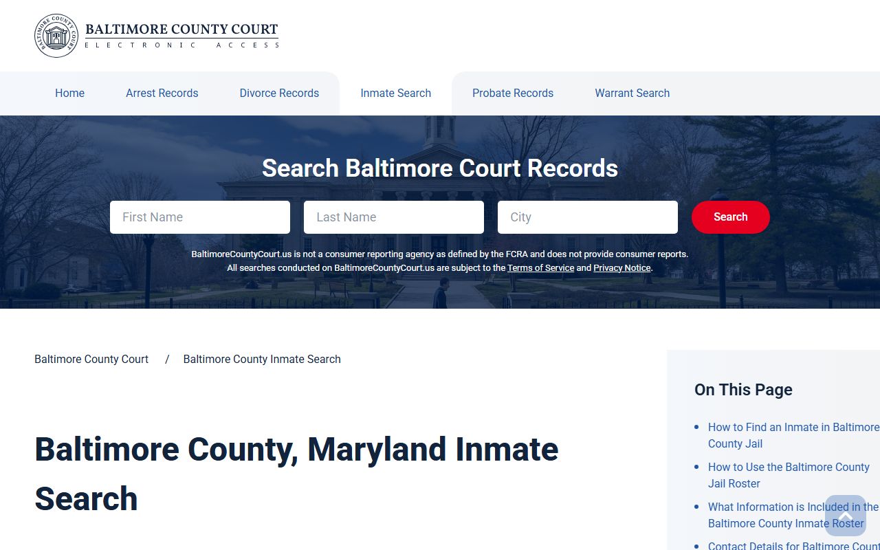 Baltimore County jail roster inmate search information page