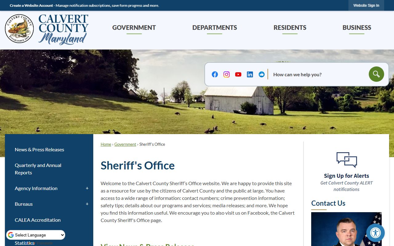 Calvert County Sheriff's Office website for jail roster information