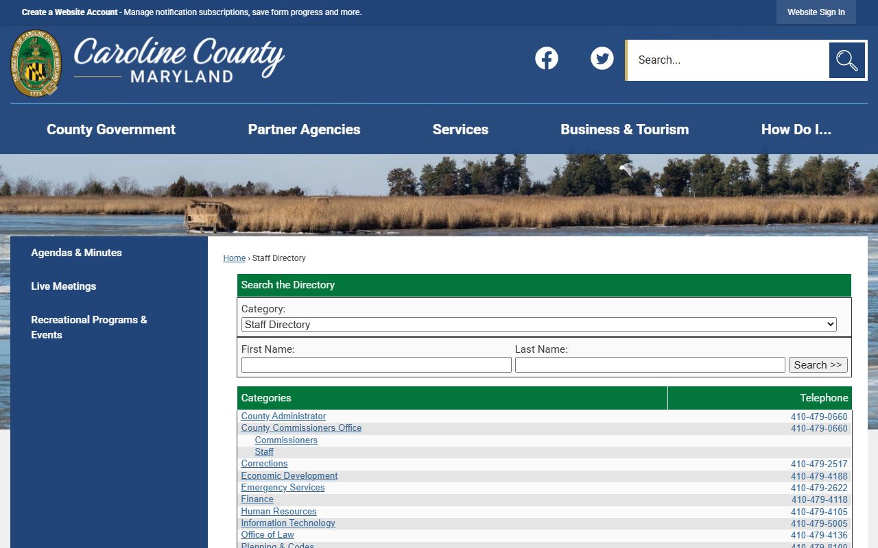 Caroline County staff directory for jail roster and detention contacts
