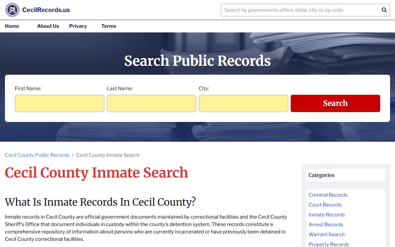 Cecil County inmate search information page for jail roster records