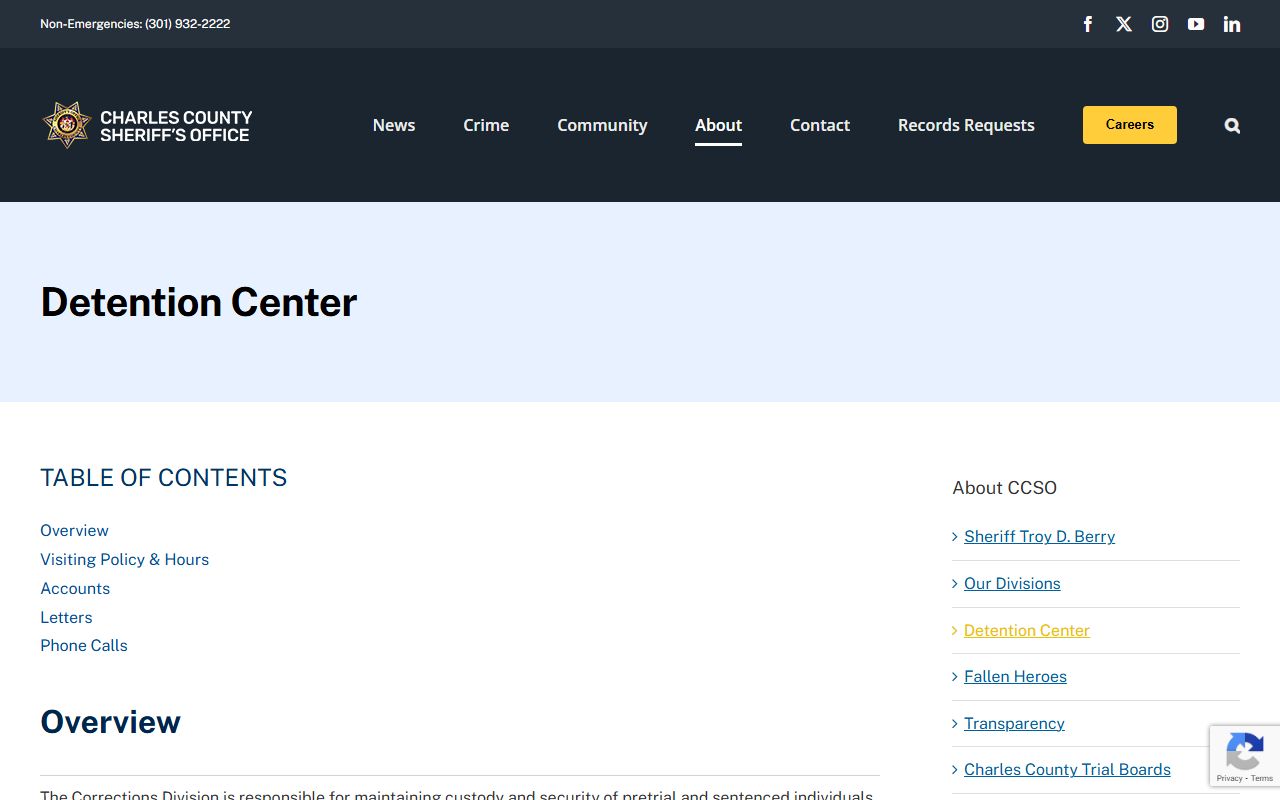 Charles County Detention Center page showing jail roster and facility information
