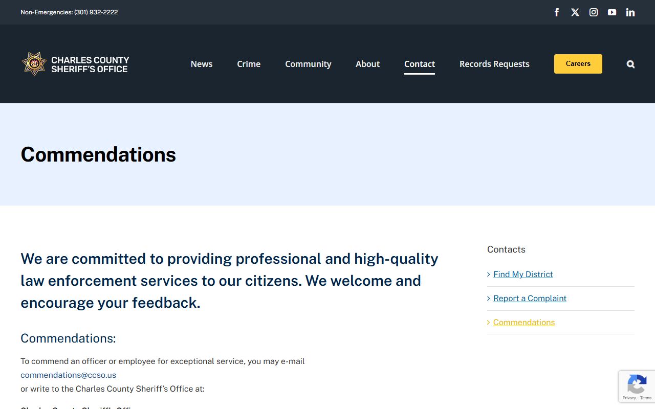 Charles County Sheriff records request page for jail roster information