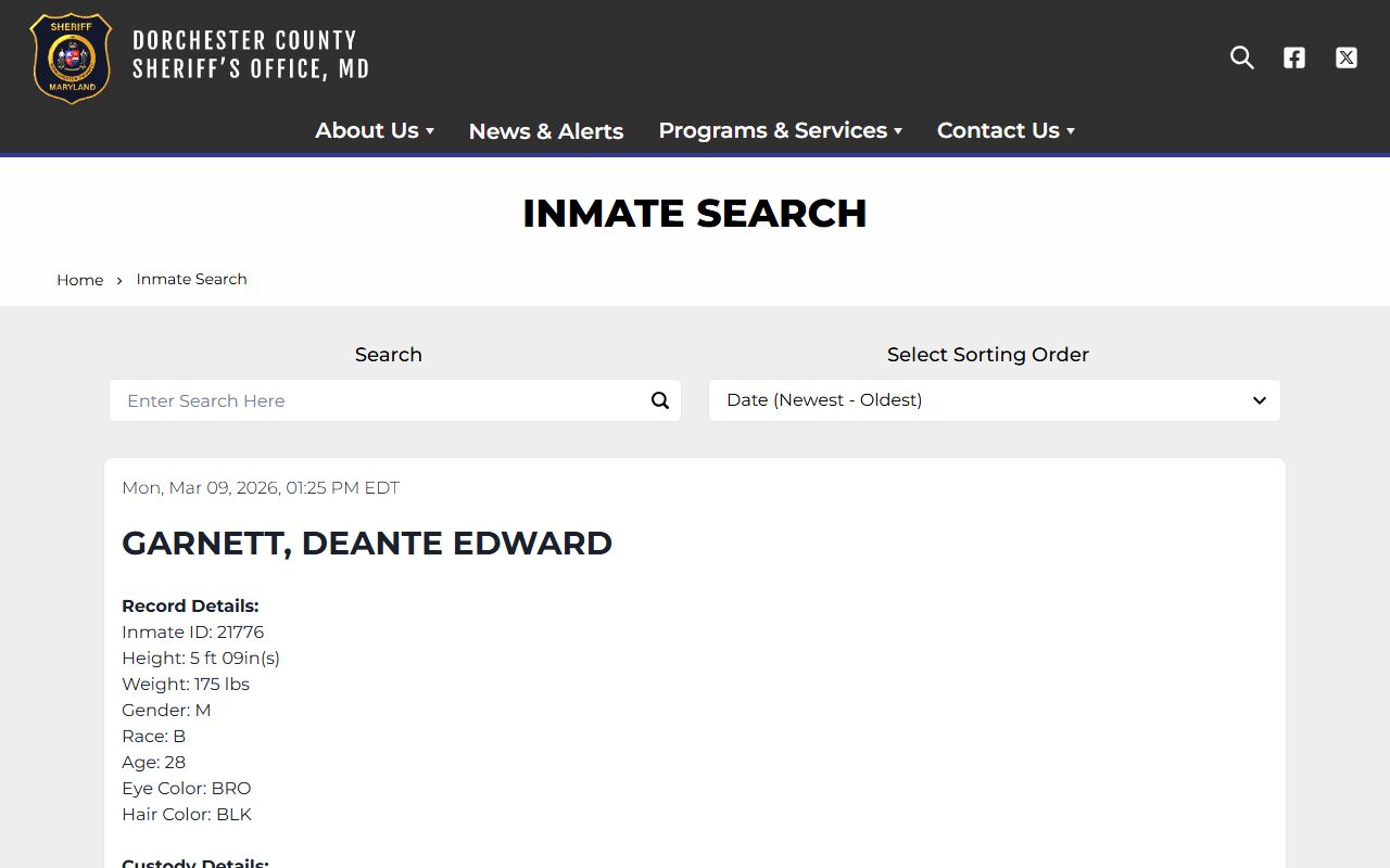 Dorchester County inmate search page with mugshots on the jail roster