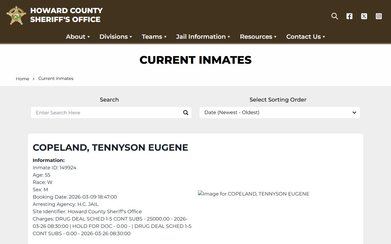 Howard County inmate search page for jail roster lookup