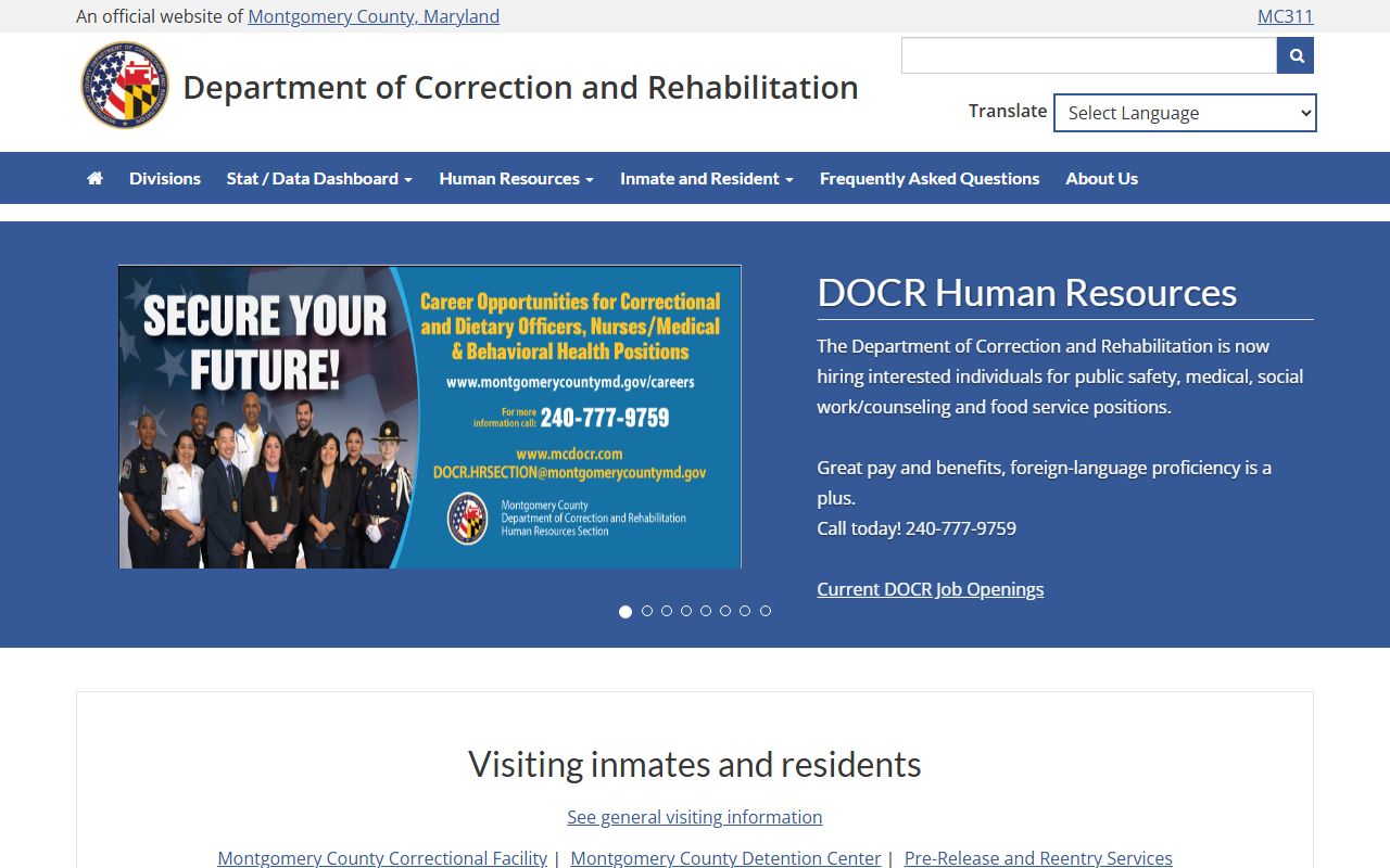 Montgomery County Department of Correction and Rehabilitation main page for jail roster info