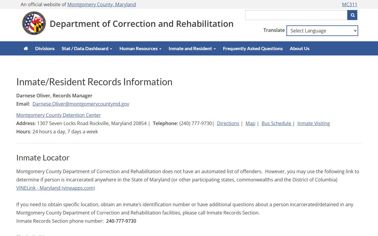 Montgomery County inmate records page for jail roster requests