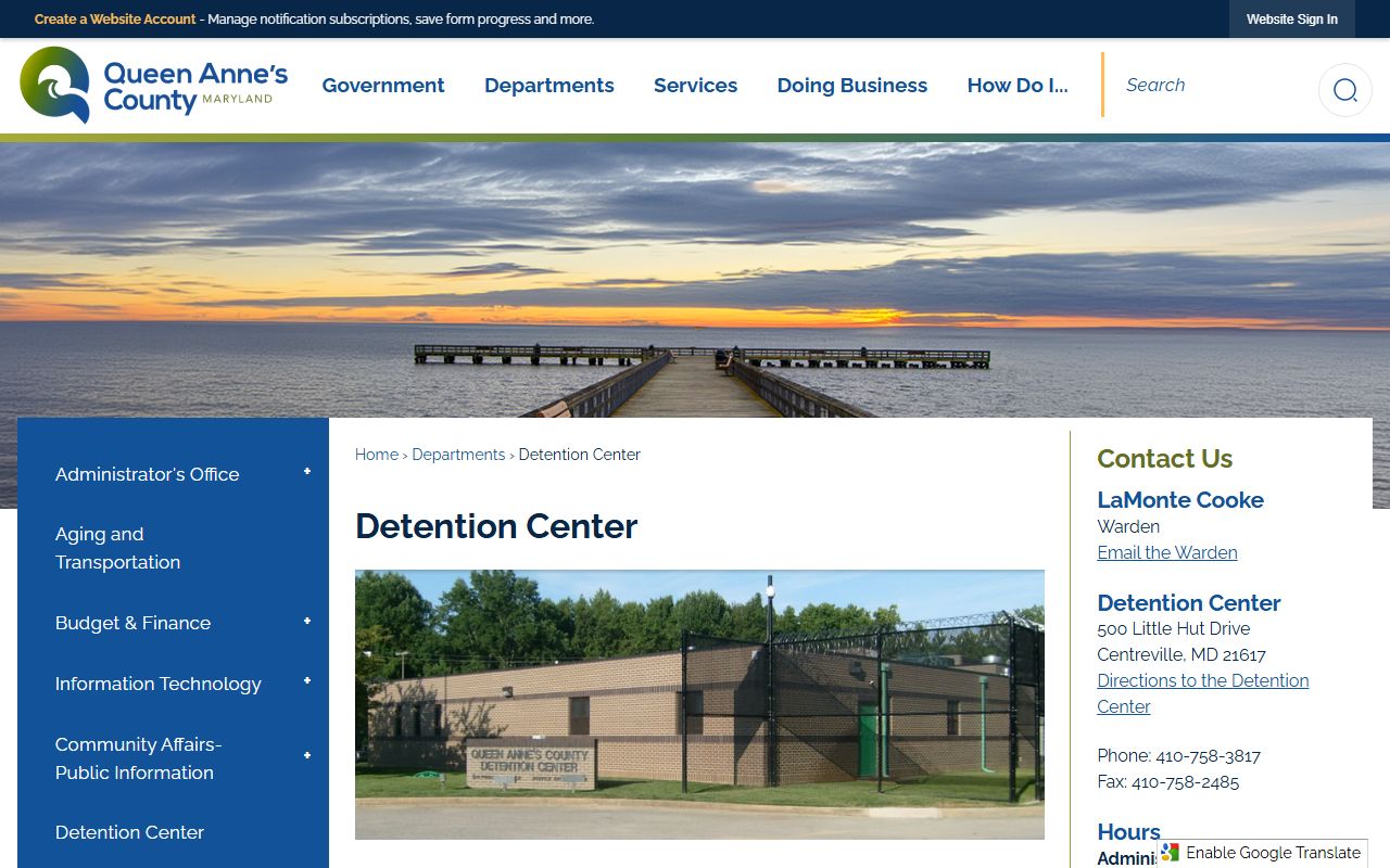 Queen Anne's County Detention Center page for jail roster information