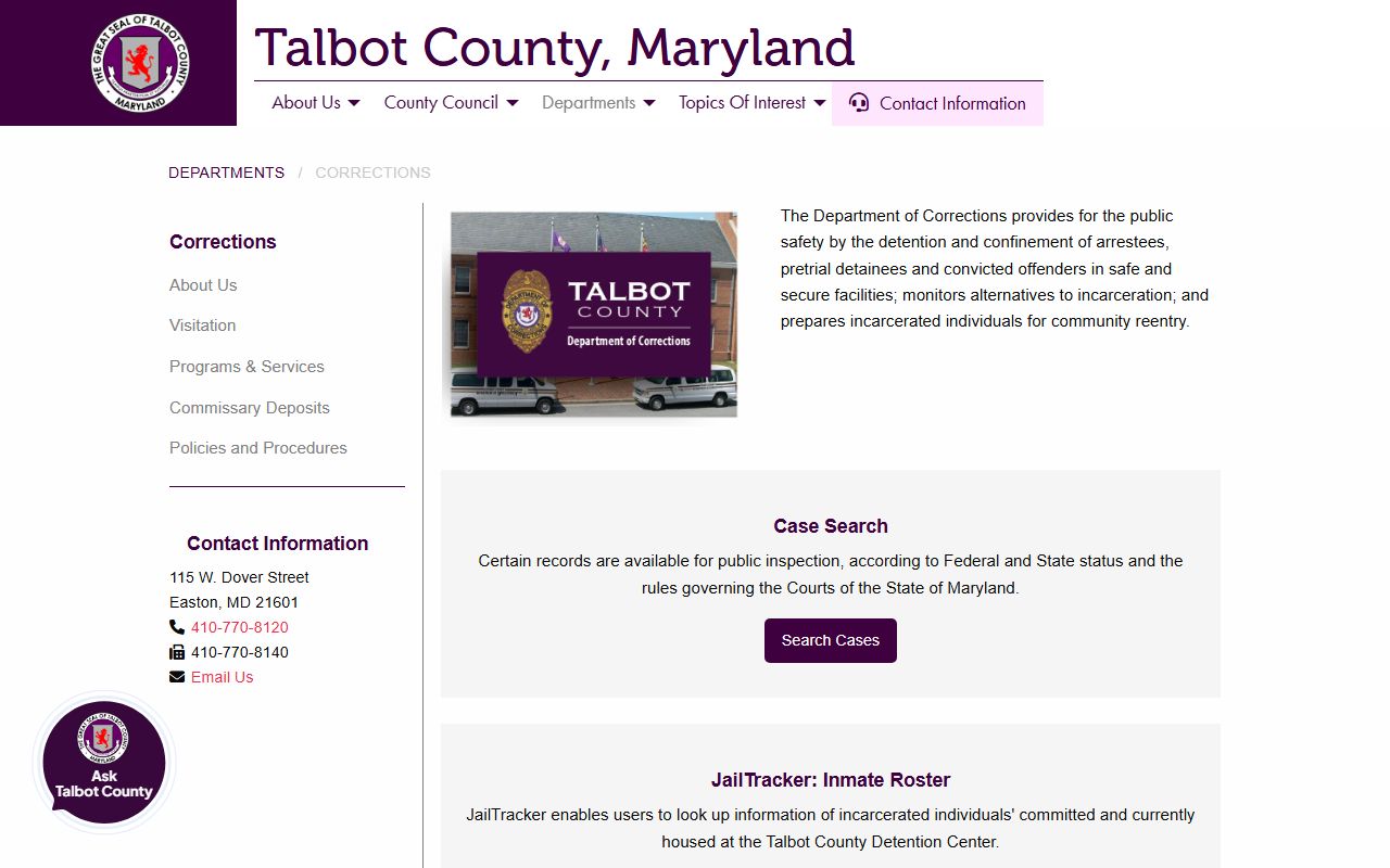 Talbot County corrections page with JailTracker jail roster search