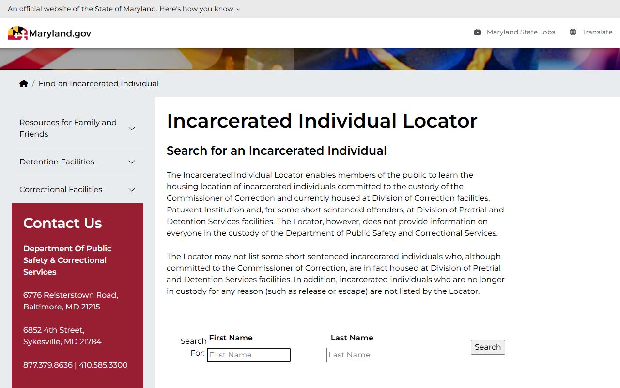 Maryland DPSCS Incarcerated Individual Locator jail roster search page
