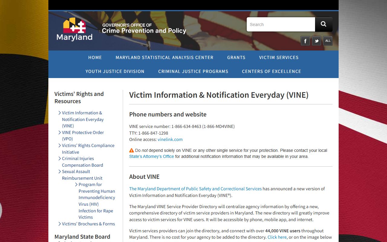 Maryland VINE victim notification page for jail roster alerts